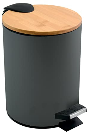 Spirella Kosmetikeimer 3 Liter Edelstahl Bambus mit Absenkautomatik und Inneneimer Adonis Badezimmer Mülleimer Softclose Abfalleimer Anthrazit, Gris Anthracite Mat, 3 Litros