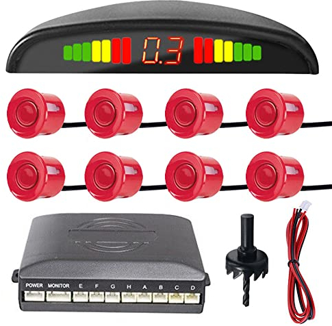 MOCNT Auto Einparkhilfe 8 Sensoren Rückfahrhilfe Kfz Rückfahrwarner Einparksystem Hinten Parksensoren Rückwärtsparkhilfe Rückfahrradarsystem Buzzer Alarm Warnung Rot