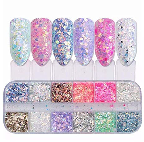 Nagel Pailletten, 1 Box / 12 Glitter Herzform, Sterne, Mond Holographic Glitter Nail Art Pailletten, Nail Art Flocke für Nail Art & Crafts, Nail Art Zubehör, Make-up DIY Decals Dekoration
