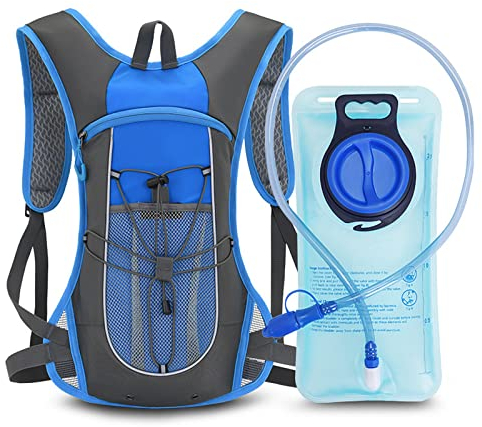 Grafner Trinkrucksack mit Trinkblase, 2 Liter, leicht und kompakt nur 400g, mit Staufach Netztasche Expander Reflektoren Pfeife, BPA-frei, für Laufen, Fahrrad, Camping, Hydration Pack Rucksack Wasser
