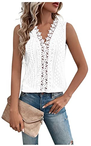 Vasreyy Bluse Damen Kurzarm sexy Tops Damen weißes Oberteil Damen Einfarbig Spitze Patchwork Cutout Weste Tops Tank Top Sommer Casual Basic Ärmellos V-Ausschnitt Unterhemden t-Shirt weiß (Weiss, M)