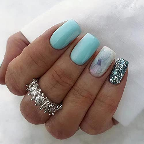 Ceboic 24Pcs Square False Nails Short,Light Blue French Tips Press on Nails,Glossy Stick on Nails w/ Glue Stickers,Shiny Vintage Full Cover Artificial Fake Nails Women Girls DIY Manicure Decoration