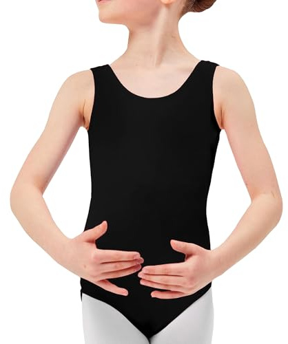 The Fancy Dress® Girls Cotton Stretch Leotards Kids School PE Ballet Dance Gymnastics Sleeveless Bodysuit Top (Black, 13 Years)