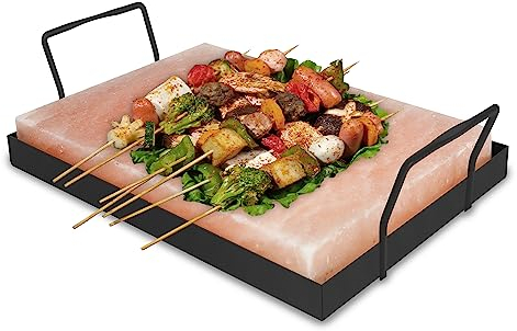 Yakimz Salzstein zum Grillen, Grill Salzstein BBQ, Salz Grillsteine mit Eisenplatte, Wiederverwendbar Salzgrillstein, Original Kristallsalz aus dem Vorgebirge, 30 * 20 * 3CM