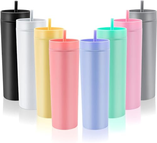MSYU 8 Pcs Skinny Tumblers 16oz Matte Pastel Colored Acrylic Tumblers Double Wall Plastic Tumblers with Lids and Straws Vinyl DIY Gifts Reusable Cup for Cold Hot Drinks Tumblers Bulk