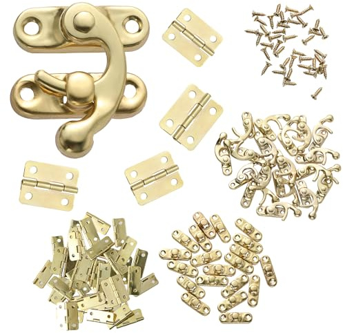 Prasacco 300-Piece Jewelry Box Hardware Set, Includes 40 Jewelry Box Hinges 20 Antique Right Latches Hook Hasps 240 Replacement Screws, Small Decorative Hinges for Wooden Box Cabinet, Brass