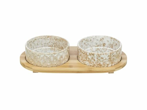 TRIXIE Set de gamelles, céramique/Bambou, 2 × 0, 3 l/ø 12 cm/30 × 6 × 15 cm, Blanc/Marron Clair