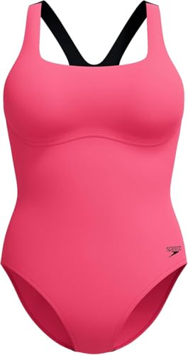 Speedo Women's Flex Band Swimsuit with Integrated Swim Bra | Swim Fitness | Training, Raspbery Fill/Vermilion/Punch, 38