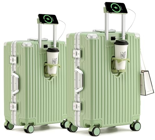 lesulety Valise 2 Pièces Valise Rigide Valise Moyenne Valise 4 Roues Légère Valise Cabine avec Chargeur USB,Vert,20in+24in