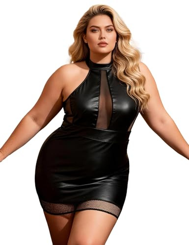 ohmydear Lederkleid Damen Kurz Mesh Dessous Ärmellos Minikleid Sexy PU-Leder Kleid für Sex Kunstleder Reizwäsche Curvy Neckholder Partykleid Clubwear Schwarz M Size