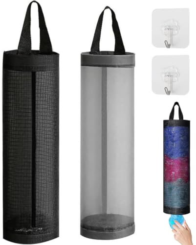 JEYORZY Lot de 2 porte-sacs en plastique, en maille respirante, Plastic Bag Holder de Cuisine, avec crochet, convient pour la cuisine, la salle de bain etc (noir, gris)
