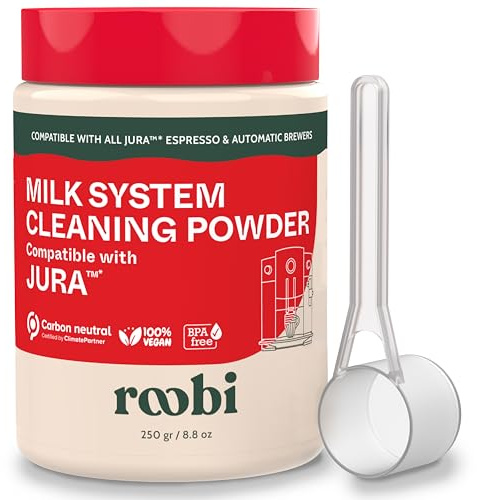 Roobi Compatible Milk System Cleaning Powder for Jura. Specially formulated for Jura Automatic Espresso Coffee Machines. 100% Vegan, Carbon Neutral.