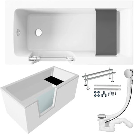 KOLMAN KOMPLETTSET 5in1 Acryl Weiß Wanne Badewanne Rechteck 140x70 cm, Seniorenbadewanne mit Glastür und Holzsitz VOVO Links, Made in EU, Premium Ablaufgarnitur in Chrom & Wannenfüße
