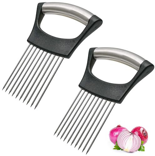Soporte para Cortar Cebolla,2 PCS Cortador de Cebolla de Acero Inoxidable Multiusos para Cortar Verduras Queso Patatas y Más Picadora de Verduras Manual y Segura Ideal para Ensaladas Platos Frescos