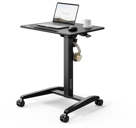 SENSE7 Stehpult Mobile Desk mit 4 Rollen, 70x52 cm, Steh-Sitz-Schreibtisch, höhenverstellbarer Klappschreibtisch, neigbare Schreibtischplatte, beweglicher Stehtisch, Laptopständer mit Haken, Black