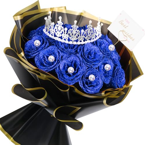 TLY Glitzer-Rosenstrauß, blaue Rosen, künstliche Blumen mit Blumenverpackungspapier, Kronen, Karten für Valentinstag, Jahrestag, Verlobung, Hochzeit, Halloween, Erntedankfest