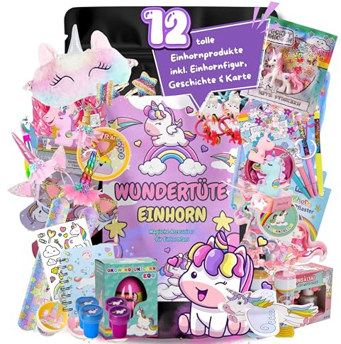 Einhorn Wundertüte Surprise Bag Unicorn für Kinder – 12-teilig | Mit Einhornfigur, Accessoires, Stickern, Tattoos – Geschenk für Geburtstag, Weihnachten & Schulanfang