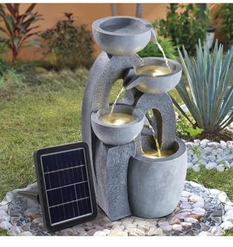 Warmiehomy Solar Water Fountain, 4 Tier Cascading Solar Water Feature 54cm Waterfall with Solar Powered Pump & LED Lights Garden fountains for Outdoor Water Features, Grey