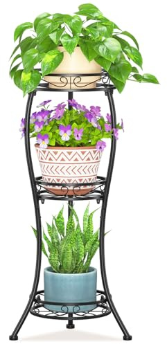 VASZOLA Black 3 Tier Tall Plant Stand for Indoor Outdoor, Large Multiple Level Flower Planter Holder Organizer Rack for Patio Office Bathroom Corner Floor, Sturdy Heavy Duty Metal, Vertical Display