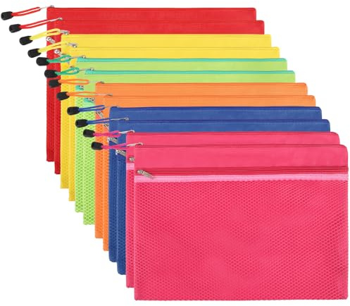 A4 Oxford Cloth Waterproof Zipper File Bags, Zip Bags Wallets File Document Pocket for Office Supplies Travel Accessories (12 PCS - 6 Colors)