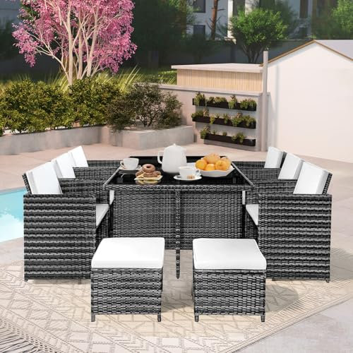 Chiidou 10 Seater Rattan Cube Garden Furniture Set, Outdoor Dining Set with Cushions, Space Saving Wicker Furniture with Chairs, Stools, Glass Top Table for Conversation Backyard Poolside Balcony