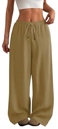 BUKKNYE Women's Casual Palazzo Pants Wide Lag Drawstring Elastic Waist Summer Lounge Trousers Loose Fit Lightweight Sport Yoga Pant with Pockets(Khaki,XXL)