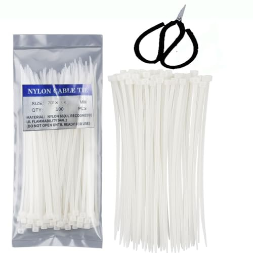 JuYxrjyou 100 Pack White Cable Ties 3.6mm x 200mm with Scissors – Strong Zip Ties, Nylon Tie Wraps for Home, Office, Garden, Garage, Cable Management, Multi-Purpose Wire Organizer Set