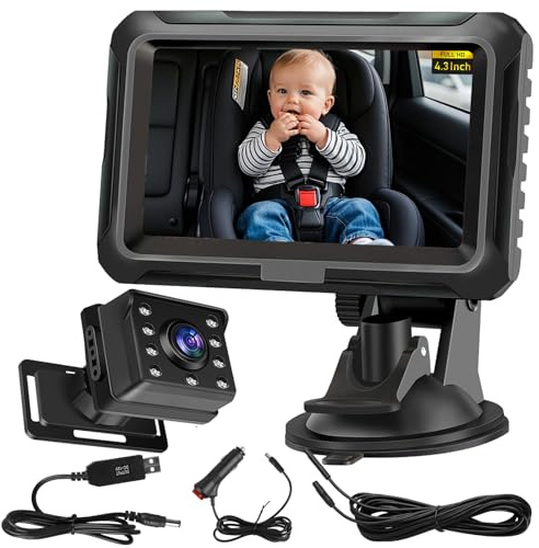 Cámara de bebé para coche HD 1080P, espejo de coche con pantalla de 4,3 pulgadas, visión nocturna y gran angular de 150°, cámara trasera inalámbrica con monitor, monitor de seguridad Plug & Play