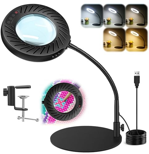 Akynite 12X Lampe Loupe avec Lumière et Support, 2A Adaptateur inclus, 5 Couleur 9 Luminosité, Loupe Lampe à 144 Led avec Pince et Bras pour Couture Lecture Bricolage Creation de Bijoux, Noire
