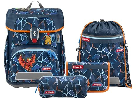 Step by Step Schulranzen-Set Cloud schleich® Eldrador Creatures „Lava Dragon“ 5-teilig, blau-grau-orange, höhenverstellbar mit Easy Belt für Kinder ab der 1. Klasse, 19L