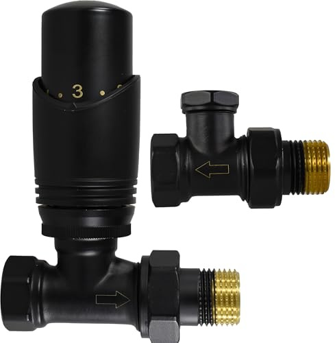 KIT-T12S-BE2 Heizkörper Thermostatventil Satz 1/2 Eckventil HANZ mit Thermostatkopf – Mattschwarz, Vorlauf & Rücklauf inkl. Thermostatkopf, Voreinstellung 1-6