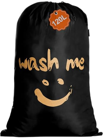 IHOMAGIC 120L Wäschesack Groß, Faltbar Wäschebeutel Schmutzwäsche, Staubfeste Schmutzwäschesack mit Kordelzug, Wash Me Wäschesack für Familie, Urlaub, Camping, Reisen, Schwarz