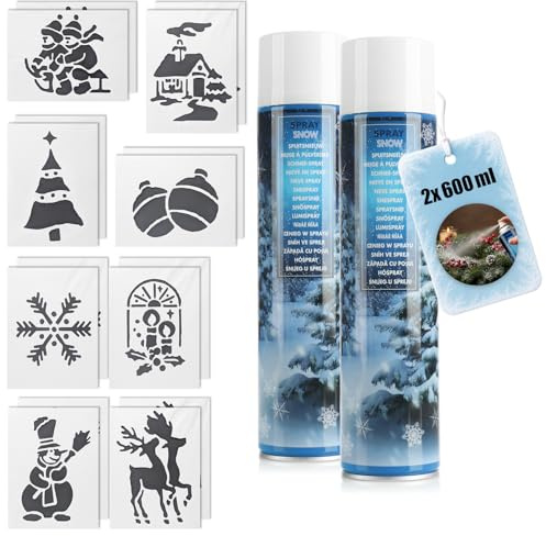com-four® 18-teiliges Set mit Kunstschnee und Schablonen - Spraydose mit 600 ml Dekoschnee - Schablonen mit verschiedenen Motiven für Weihnachten (2 Stück - 600ml + 16 Schablonen)