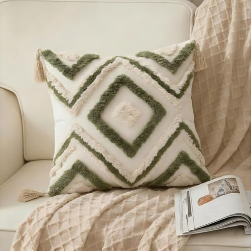 MEILIHEN 1 Dekorativer Boho-Kissenbezug aus Baumwolle, Marokkanischer Ethno-Stil Dekokissen mit Quasten & Tufting, Beige Gesteppter Kissenhülle für Sofa, Wohnzimmer & Schlafzimmer 45 x 45 cm（Grün）