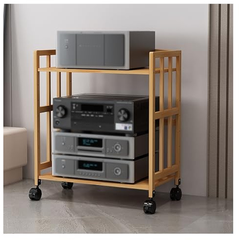 PPOIUYK Audio Placement Rack, 2-5 Tier HiFi Rack Height Adjustable Bamboo AV Media Stand Shelf W/Wheels for Home Theater, Entertainment Stereo Components Organizer