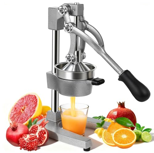 wowspeed Saftpresse Manuell, Orangenpresse und Zitronenpresse Handpresse, Professionelle Zitruspresse aus Gusseisen, Standentsafter Robuste Fruchtpresse für Orangen, Zitronen, Granatäpfel Grau