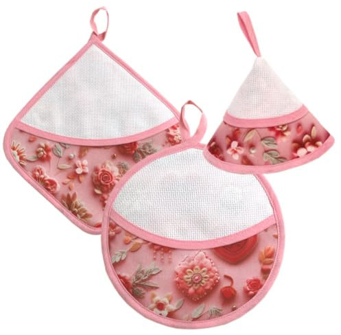 Set da 3 Pezzi di presine da cucina da ricamare a punto croce, Presine Primaverili con Tela Aida, Tre pezzi di Presine per il punto croce, fantasia Rose e cuori