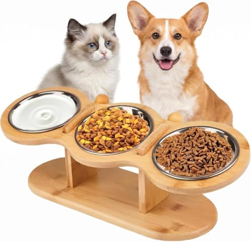Dexpally Surélevée Bol Chat Gamelle Chat avec 3 Bols en Acier Inoxydable, Hauteur Réglable–Support pour Eau et Nourriture Adaptée Aux Chats Et Petits Chiens