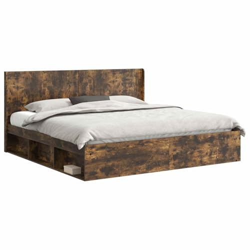 Mhdvray Bettgestell mit Stauraum und Kopfteil Geräucherte Eiche 180x200 cm Holzwerkstoff Lattenrost Modernes Design Robust für Schlafzimmer und Jugendzimmer