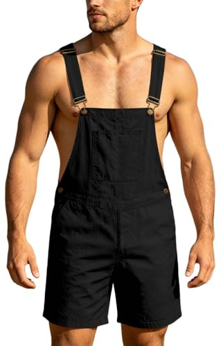 Herren Jeans Overall Baumwolle Latzhose Kurze Arbeitshose Loose Fit Männer Einfarbige Denim Jumpsuit mit Taschen Streetwear Jeanshose Verstellbare Träger
