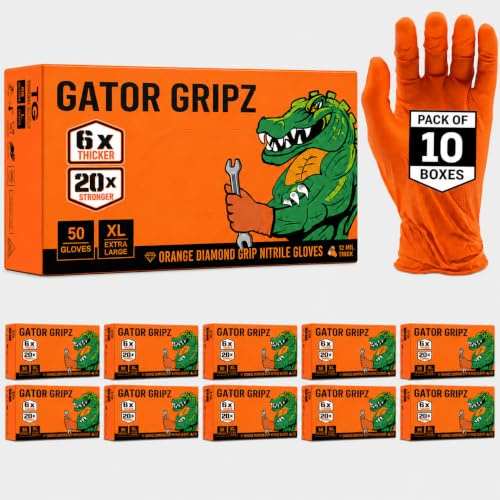 TG TOUGH GLOVE Gator Gripz Orange Nitrile Gloves XL, (10 boxes x 50) | heavy duty, diamond texture, disposable gloves, powder free, latex free, extra thick, 12 mil grip