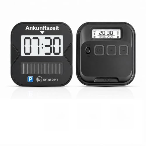 RAYOFI Elektronische Parkscheibe mit Zulassung (ECE 10R-06 7641) – Vollautomatische Digitale Parkuhr fürs Auto, Solar & USB-C wiederaufladbar, 2 Displays, automatischer Sommer-/ Winterzeit-Wechsel | Einmal anbringen, entspannter parken