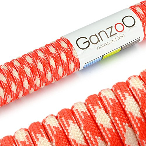 Ganzoo Paracord 550 Seil, Nylon-Polyester, 4mm, Typ 3, 30 Meter, 7 Kernstränge, Outdoor-Schnur, Allzweck-Seil, Hundehalsband, Hundeleine, Armband knüpfen, Camping, Survival - rot weiß