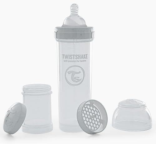 Twistshake Biberon Anti-Colique 330 ml avec Récipient à Lait en Poudre et Mélangeur – Tétine en Silicone Débit Rapide – Sans BPA – Idéal pour Bébé dès 4 Mois – Blanc