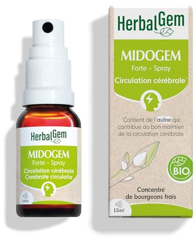 HerbalGem Midogem Forte Spray Bio 15 ml | Aulne, cassis et laurier noble pour apaiser dès les premiers signes annonciateurs. Dès 13 ans.