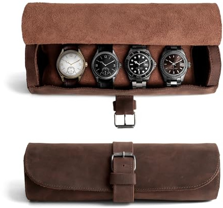Hide & Drink, Cylinder Watch Case, Holds 4 Watches, Storage Box, Jewelry Roll Organizer, Travel Accessories, Full Grain Leather, Handmade, Bourbon Brown