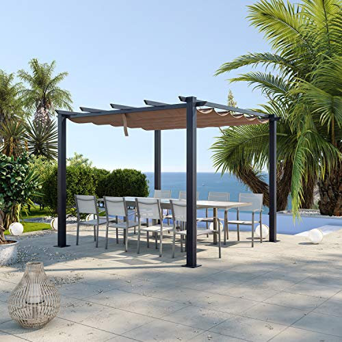 Avril Paris Tonnelle de jardin - Pergola aluminium 3x3 - Toile coulissante rétractable - Idéal en extérieur sur la terrasse - Traitement anti-UV - Gris/Taupe - OHIO