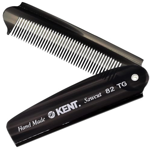 Kent 82T Black Graphite Folding Pocket Comb for Men, Fine Tooth Hair Comb Straightener for Everyday Grooming, Beard or Mustache, Use Dry or with Balms, Saw Cut Hand Polished, Made in England