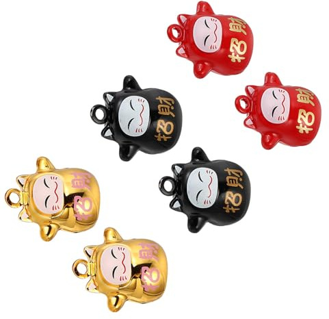 STOBOK Glöckchen Metall Mini Glückskatze Figur Kupfer Glocken 6 Stück Rot Golden Hund Katze Anhänger Glück Ornamente DIY Schmuck Schlüsselanhänger Basteln Zubehör
