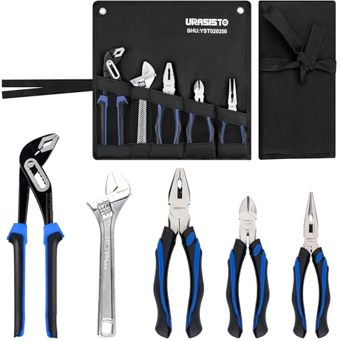 URASISTO 5-piece Pliers Set Home Maintenance Tool Kit for Men, Including Groove Joint, Long Nose, Diagonal Cutting, Adjustable Wrench and Linesman Pliers, with Storage Pouch